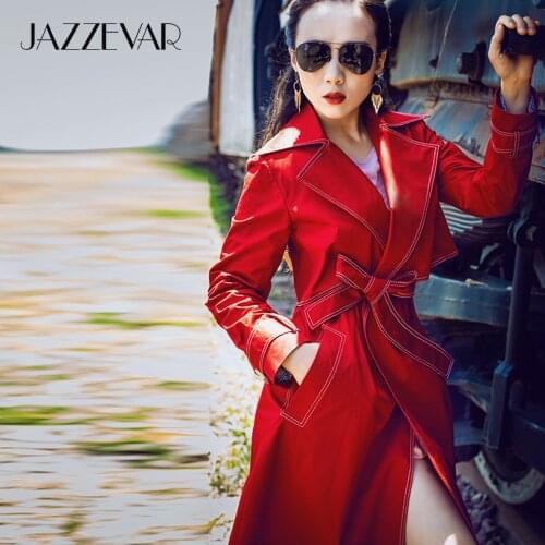 JAZZEVAR 2021 New Autumn High Fashion Street Womens X-Long Trench Coat Female Classy Coats Socialite Red Outerwear With Belt