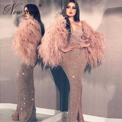 Coral Bling Formal Evening Dresses Robe De Soiree 2020 Off the Shoulder Dubai Arabic Party Night Sheath Feather Prom Dress Aibye