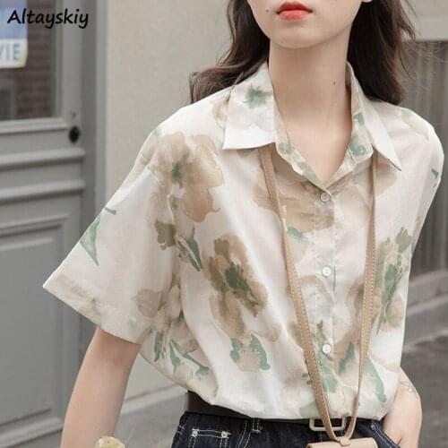 Women Shirts Short Sleeve Print Retro Gentle Graceful Chic Japan Style Harajuku All-match Streetwear Ulzzang Loose Casual Blouse