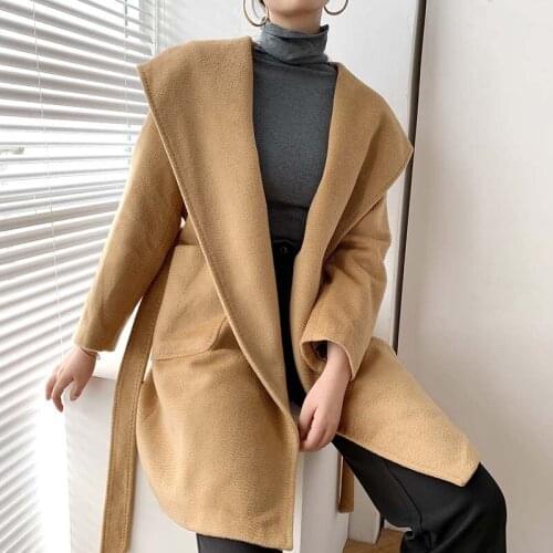 Camel Hair Coat Women Fashion Winter Autumn Tops Warm Lady Hooded Camel Hair Coat