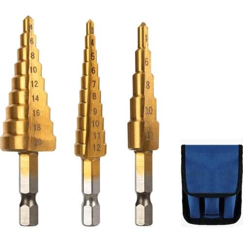 3pcs HSS Drill Bit 3-12mm 4-12mm 4-20mm Straight Groove Step Drill Bit Titanium Coated Wood Hole Cutter Core Drilling Tools Set