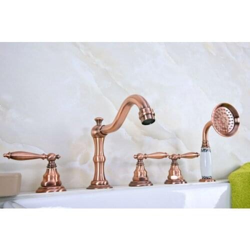 Antique Red Copper Brass Deck 5 Holes Bathtub Mixer Faucet Handheld Shower Widespread Bathroom Faucet Set Basin Water Tap atf229