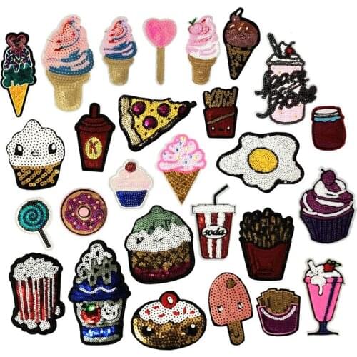 Sequins Food Pizza Ice Cream Donut Iron on Patches for Clothing Embroidery Stripe on Clothes Cute DIY Sequin Applique Badge