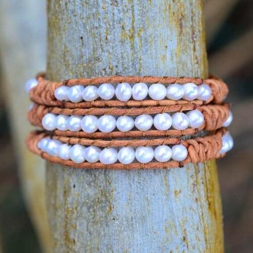 Bohemian Simple Style Leather Bracelet Natural Pearl 3 Strand Wrap Bracelet For Women Or Gifts