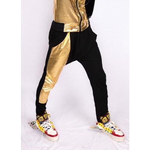 Casual Women Mens Hip Hop Harem Skinny Pants Slim Stage Wear Gold Paillette Patchwork Cotton Quality Trousers
