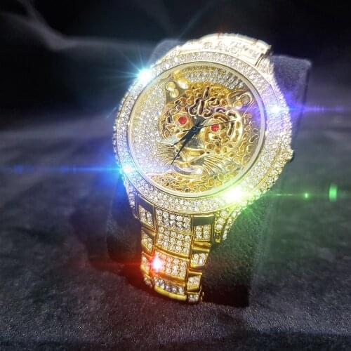 MISSFOX Premium Round Mans Gold Wristwatch Hiphop 3d Hollow Tiger Head Watches Man Luxury Diamond Blingbling Watch Men Quartz