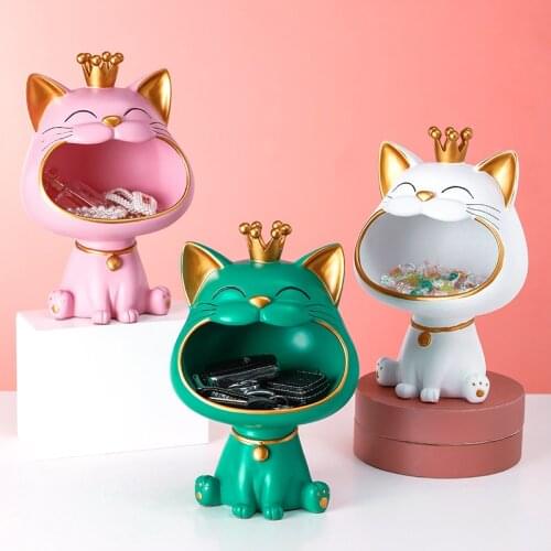 Crown Cat Statue Decor,Animal Sculpture Ornaments,Figurine Miniature,Home Living Room Table Decoration,Desk Sundries Storage Box