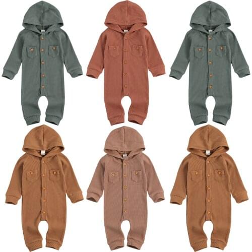 Newborn Baby Boys Girls Spring Autumn Clothing Long Sleeve Front Single Breasted Hooded Romper with Two Pockets Outfits 0-24M