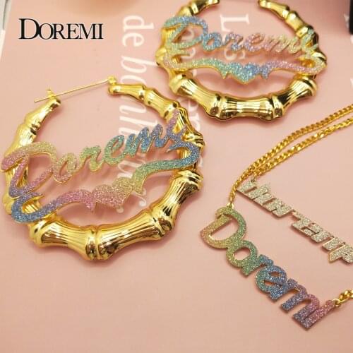 DOREMI Colorful Custom Bamboo Name Earrings Glitter Color Sticker Bamboo Hoop Earrings Stainless Steel Earrings for Women Gifts