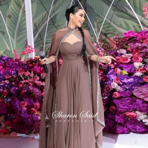 Dubai Brown Arabic Moroccan Kaftan Evening Dress with Cape Long Sleeve Crystal Muslim Formal Dresses Women Wedding Party Gowns