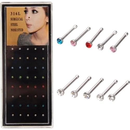 Elegant Rhinestone Nose Studs Ring for Women Surgical Steel Piercing Nose Stud Pin Silver Body Piercing Jewelry 40 or 60 pcs