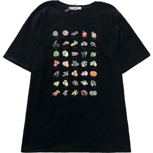 Vegetable fruit print summer black white o-neck loose casual all-match short-sleeved T-shirt