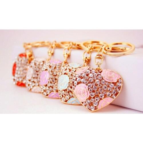 Lovely Pink Heart Keyrings Sweet Keychains Crystal Bag Pendant Key Chains Holder Rings For Car Room Key Best Gift For Friend