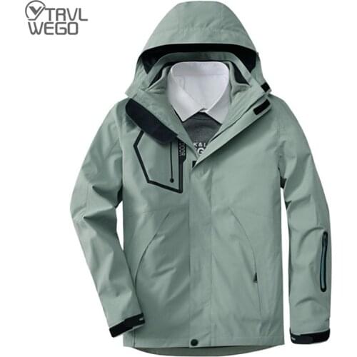 TRVLWEGO Men Camping Hiking 2 In 1 Jacket Outdoor Skiing Waterproof Windproof Thicken Climbing Keep Warm Trekking Coat+Lining