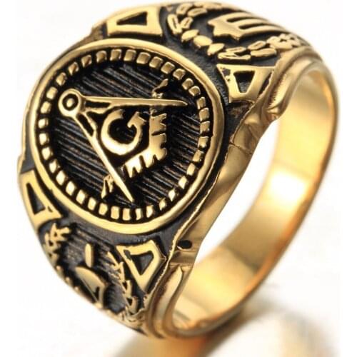 Mens Boys Freemason Gold Tone Free Mason 316L Stainless Steel Masonic Ring New US SIZE 7-15