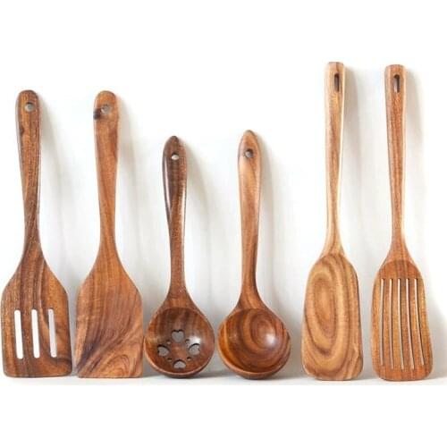 HOT-Kitchen Tool Set Thailand Teak Natural Wood Tableware Spoon Ladle Turner Long Rice Colander Soup Skimmer Cooking