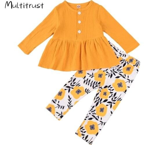 Toddler Girl Clothes Autumn Suit Solid-Color O-Neck Long-SleeveTop + Ruffle Hem + Floral/Leopard Printed Pants 2PCS