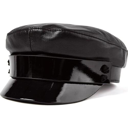 QPALCR Black Genuine Leather Military Hats Women Casual Flat Top Sailor Cap Female Lady Luxury Sheepskin Fashion Hat