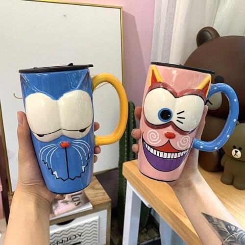 Hand painted cup large capacity breakfast mark cup handle with cover cartoon milk adult cup Volkswagen