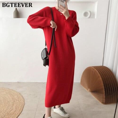BGTEEVER Stylish Loose Women Straight Knitted Vestidos 2021 Autumn Winter New Fashion Full Sleeve Female Solid Sweater Dress