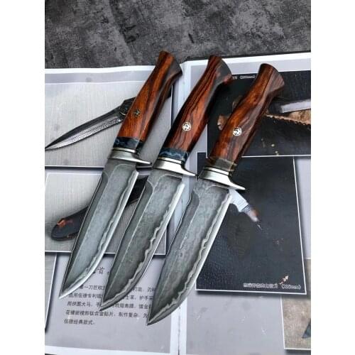 Survival Tactical Knife 60 HRC Damascus Steel Desert Ironwood Hunting Outdoor Camping Knives Leather Sheath Gift Collection