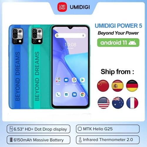 UMIDIGI Power 5 Global Version Smartphone Android 11 4GB 128GB Helio G25 16MP AI Triple Camera 6150mAh 6.53'' HD+ Full Screen