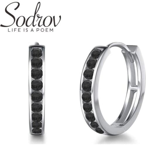 SODROV 2021 New Genuine 925 Sterling Silver Earrings Hoop Earrings for Women Black Spinel Silver 925 Jewelry I176