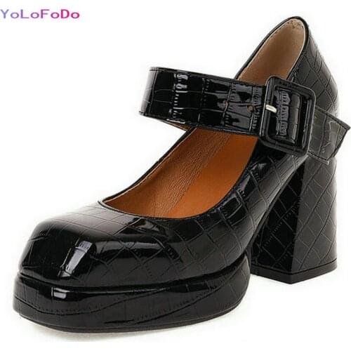 2021 PU Leather Stone Print Women High Heel Shoes Platform Square High Heel Women Mary Jane Shoes Buckle Ladies Pumps Big Size