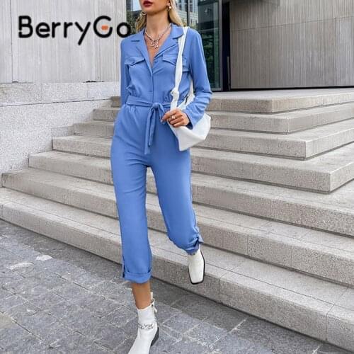 BerryGo Solid color office lady jumpsuit Casual long sleeves single-breasted cargo rompers Elegant notched overalls romperseve