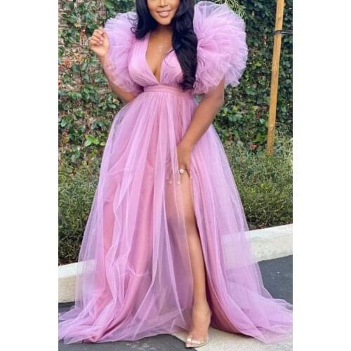 Women Crepe Ruffled Tulle Dress Ladies Puffy Party Night Dresses Tiered High Side Slit Long Skirt Chic Bridesmaid Evening Gown