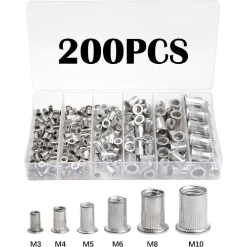 200pcs Rivet Nuts M3 M4 M5 M6 M8 M10 With Box Aluminum Alloy Flat Head Threaded Insert Nut Rivet Cap Set Threaded Nuts