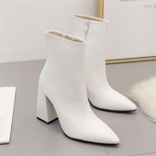2020 Fashion Luxury Women Chunky 10.5cm High Heels Fetish Sock Boots Soft Leather Block White Heels Ankle Boots Shoes