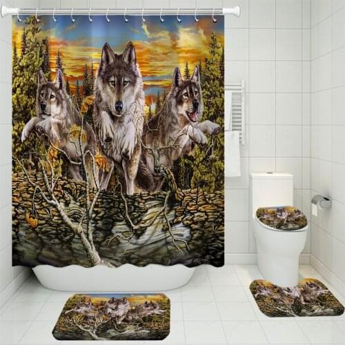 4 Pcs Wolf Animals Shower Curtain Pedestal Rug Lid Toilet Cover Mat Bohemia Bath Mat Set National Culture For Bathroom Decor