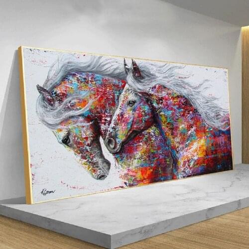 Abstract Colorful Two Running Horses Poster Canvas Painting Print Wall Art Pictures for Living Room Cuadros Home Decor