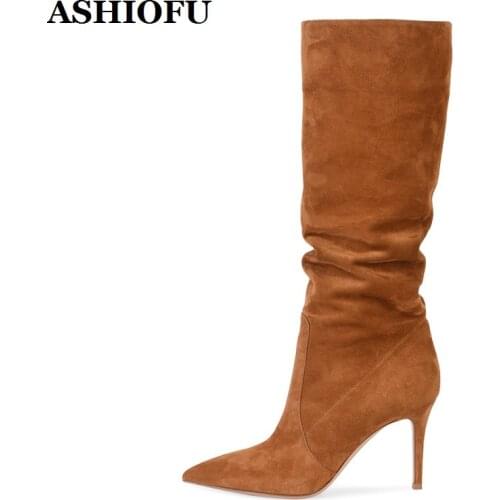 ASHIOFU New Arrival Handmade Ladies High Heel Boots Vintage Style Party Prom Half Boots Pointed-toe Evening Winter Fashion Boots