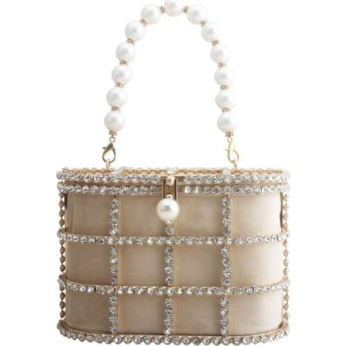Lady Diamonds Basket Bucket Clutch Bags Women Pearl Beaded Shoulder Bag Metal Cage Handbags Ladies Wedding Party Purse Handbag