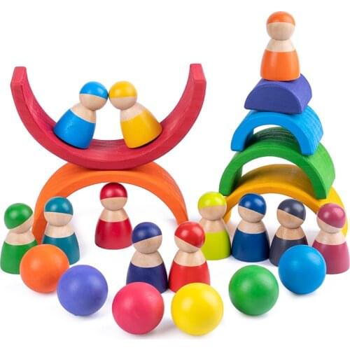 Montessori Wooden Rainbow Puzzle Colored Arch Bridge Assemble / educational / Toy Building Blocks Set Shapes Sorting Preschool