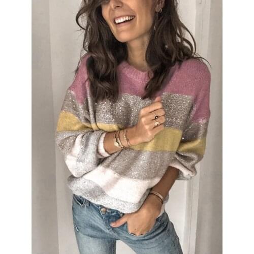 Long Sleeve Knitted Striped Jumper Pullover Womens Striped Sweater 2021 New Casual Loose Sweater Multi-Color Sweater Top Women