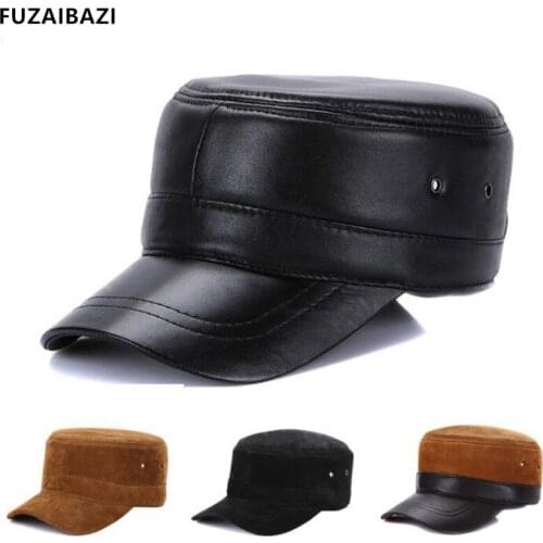 FUZAIBAZI Mens Flat Cap Adjustable Size Genuine Leather Hat Autumn Winter Fashion Military Hats For Womens Trend Tongue Caps