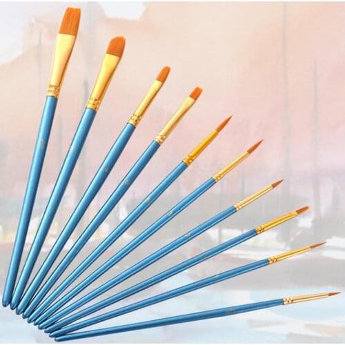 10Pcs Watercolor Gouache Wood Aluminum Painting Brushes Long Handle Soft Nylon Hair Pens Art Supplies Reusable manicure set