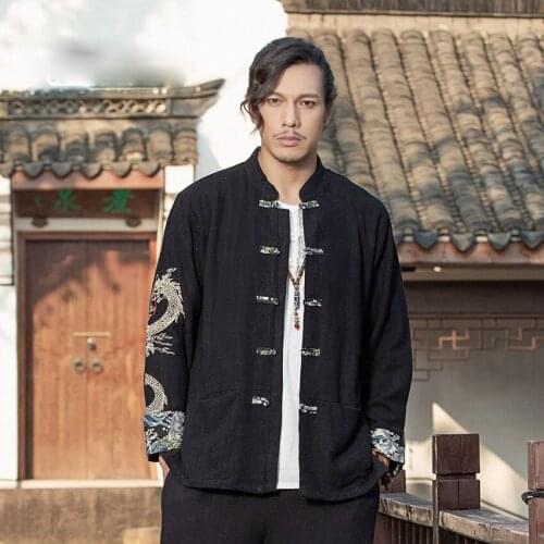 Chinese Traditional Clothing Kung Fu Hanfu Dragon Embroidered Shirt Long Sleeve Button Black Style Fashion Plus Size Leisure Men