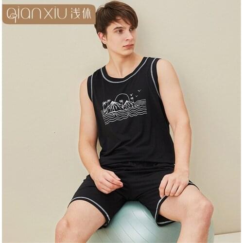 Summer Pajamas Sets Mens Clothing Suits Vest+Shorts Sleepwear Cotton Cartoon Printing Pyjamas Male Pijamas Nightwear