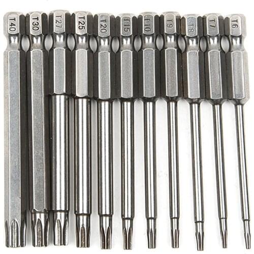 11Pcs 75Mm Magnetic S2 Steel Screwdriver Bits Hex Torx Head T6/T7/T8/T9/T10/T15/T20/T25/T27/T30/T40