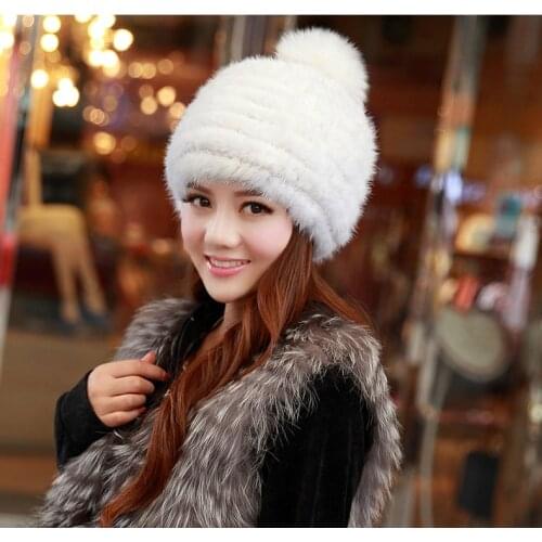 Real mink fur hat for women winter knitted mink fur beanies cap fox fur pom poms brand new thick female cap