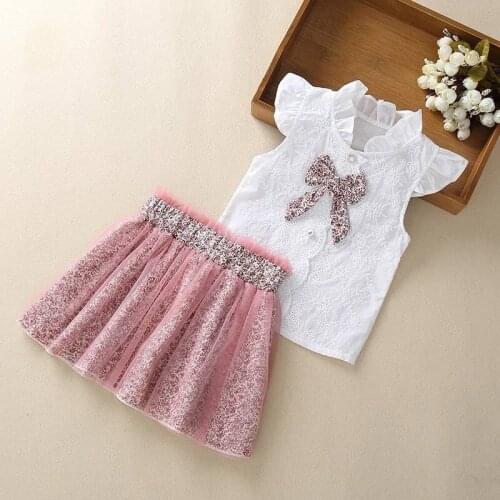 MERI AMMI 2pcs Oufit Children Girl Clothing Set Floral Lace Tee +Flower Skirts For 2-13 Year Kid