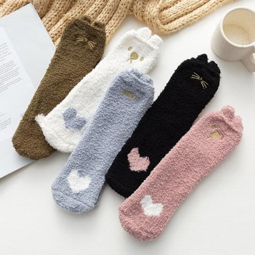 High quality women floor sleep socks autumn-winter plush coral fleece socks womens girls warm cat paw socks