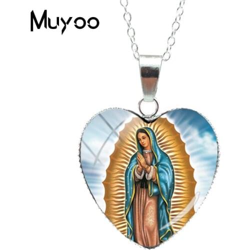 2019 New Fashion Virgin Mary Heart of Love Pendants Necklace Our Lady of Guadalupe Jewelry Glass Art Heart NecklacesHZ3