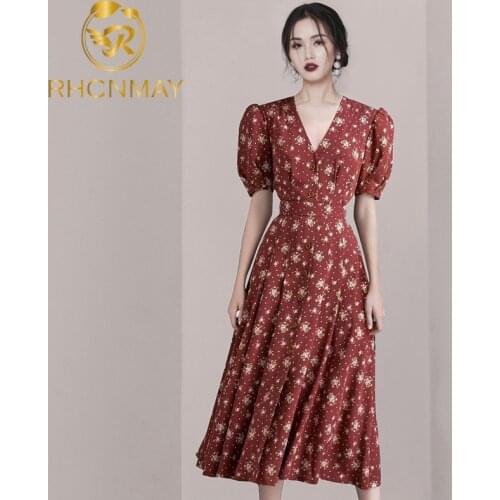 New Designer Runway Women Bodycon Pleated Dress New Summer Short Puff Sleeve Print Midi Dress Sexy V neck Dresses