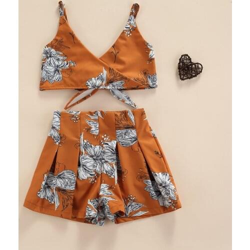 1-6Y Fashion Girls Clothes Set Sleeveless Floral Print Bandage V Neck Sleeveless Crop Top Shorts 2pcs Outfit Set Summer Clothing