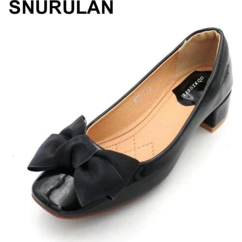 SNURULAN chunky black thick women leather grey shoes red plus size discount pumps square toe bow low heels japanese patent